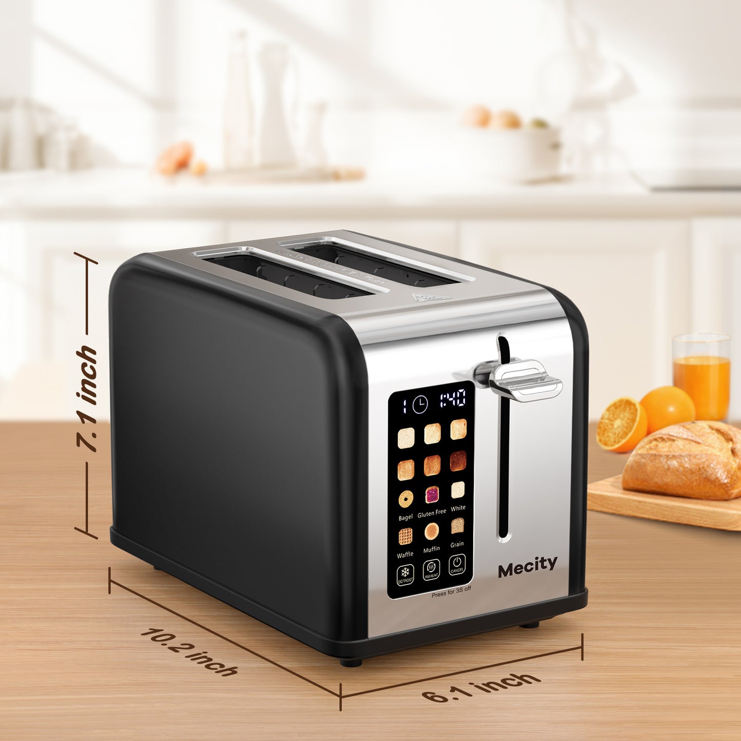 Mecity 2-Slice Touchscreen Toaster, Stainless Steel, Countdown Timer, 6 Shade Settings, Wide Slots, Reheat/Defrost/Cancel Functions, Removable Crumb Tray, Matte Black