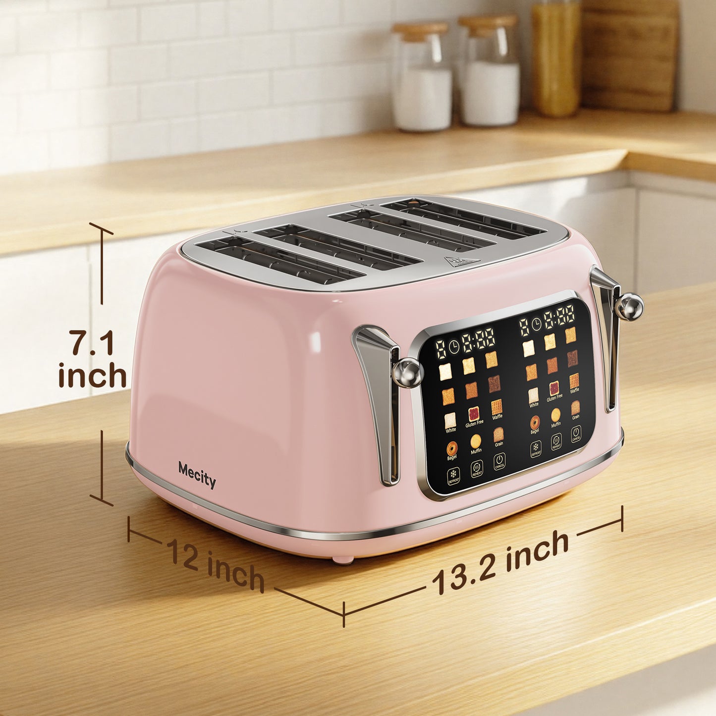 Mecity 4-Slice Touchscreen Toaster, Retro Stainless Steel Wide Slots Toaster, 6 Browning Settings, Large Digital Display, 120V 1650W, Pink