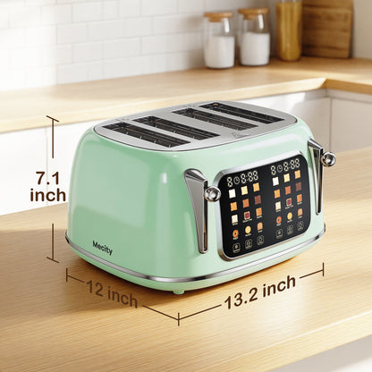 Mecity 4-Slice Touchscreen Toaster, Retro Stainless Steel Wide Slots Toaster, 6 Browning Settings, Large Digital Display, 120V 1650W, Light Green