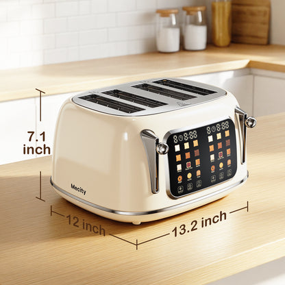 Mecity 4-Slice Touchscreen Toaster, Retro Stainless Steel Wide Slots Toaster, 6 Browning Settings, Large Digital Display, 120V 1650W, Cream Color