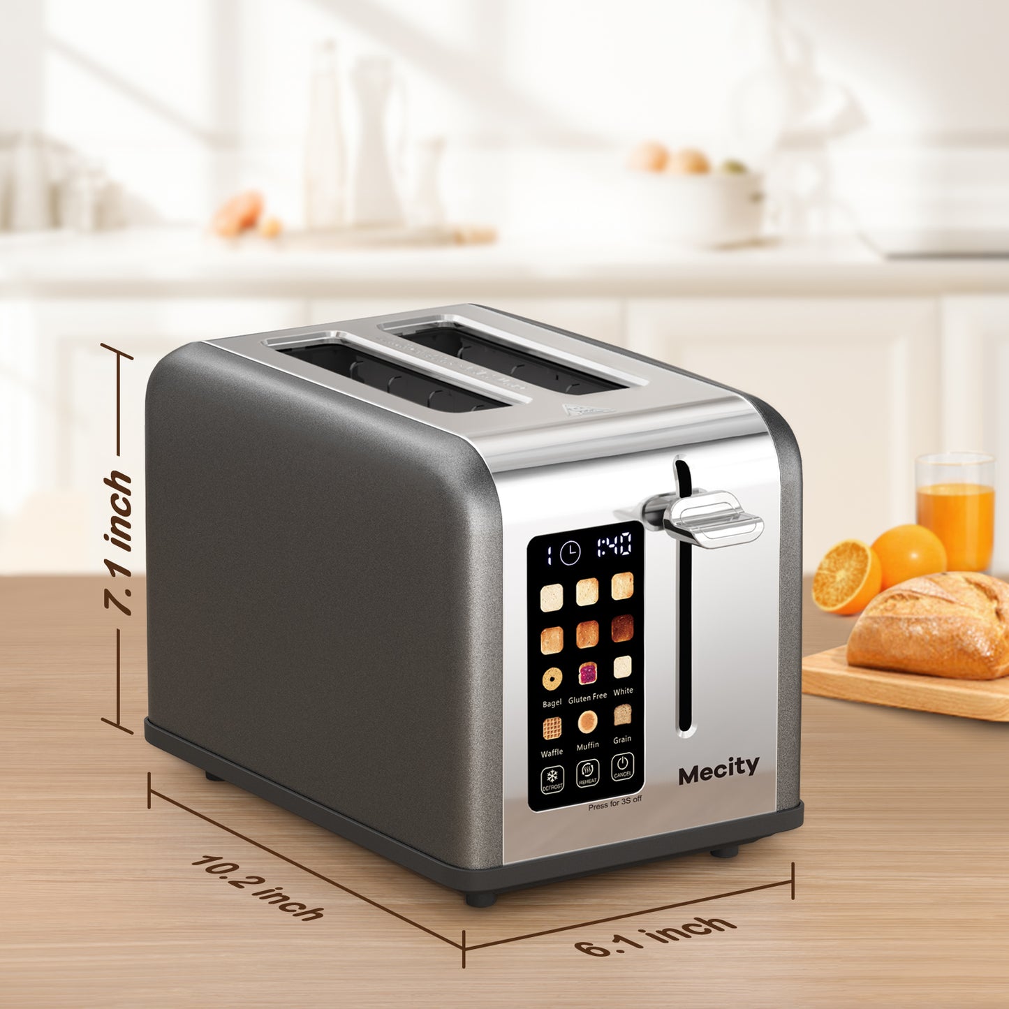 Mecity 2-Slice Touchscreen Toaster, Stainless Steel, Countdown Timer, 6 Shade Settings, Wide Slots, Reheat/Defrost/Cancel Functions, Removable Crumb Tray, Gray