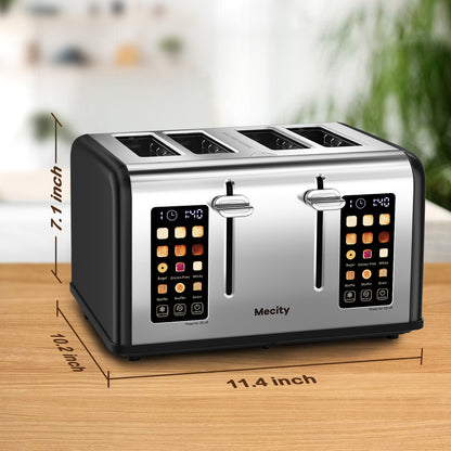 Mecity 4-Slice Touchscreen Toaster, Stainless Steel, Countdown Timer, 6 Browning & Shade Settings, 4 Wide Slots, Reheat/Cancel/Defrost Functions, Removable Crumb Tray, Matte Black