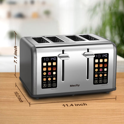 Mecity 4-Slice Touchscreen Toaster, Stainless Steel, Countdown Timer, 6 Browning & Shade Settings, 4 Wide Slots, Reheat/Cancel/Defrost Functions, Removable Crumb Tray, Gray