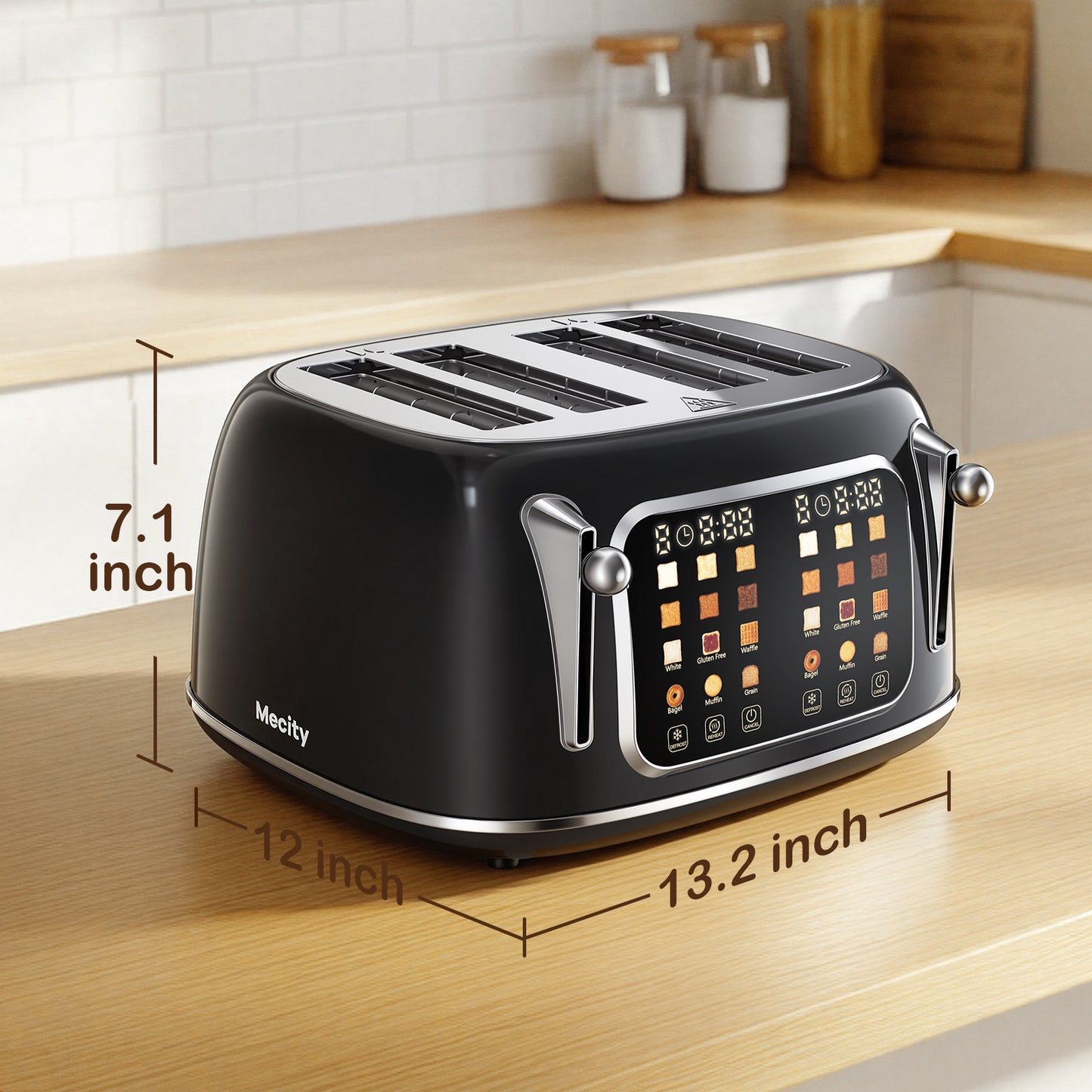 Mecity 4-Slice Touchscreen Toaster, Retro Stainless Steel Wide Slots Toaster, 6 Browning Settings, Large Digital Display, 120V 1650W, Black
