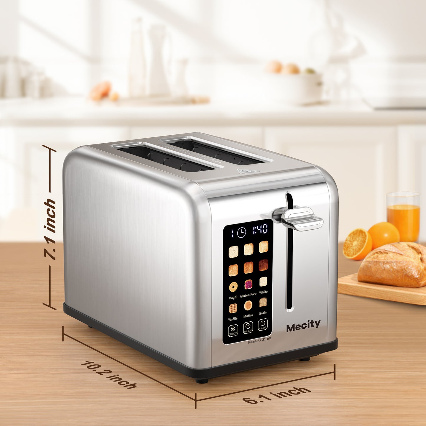 Mecity Touchscreen Toaster 2 Slice with Countdown Timer, Stainless Steel Bread Toaster, 6 Browning & 6 Shade Settings, 2 Wide Slots Toaster with Reheat, Cancel, Defrost Functions, Removable Tray