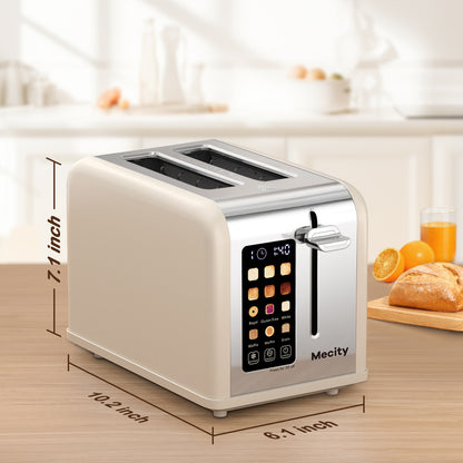 Mecity 2-Slice Touchscreen Toaster, Stainless Steel, Countdown Timer, 6 Shade Settings, Wide Slots, Reheat/Defrost/Cancel Functions, Removable Crumb Tray, White