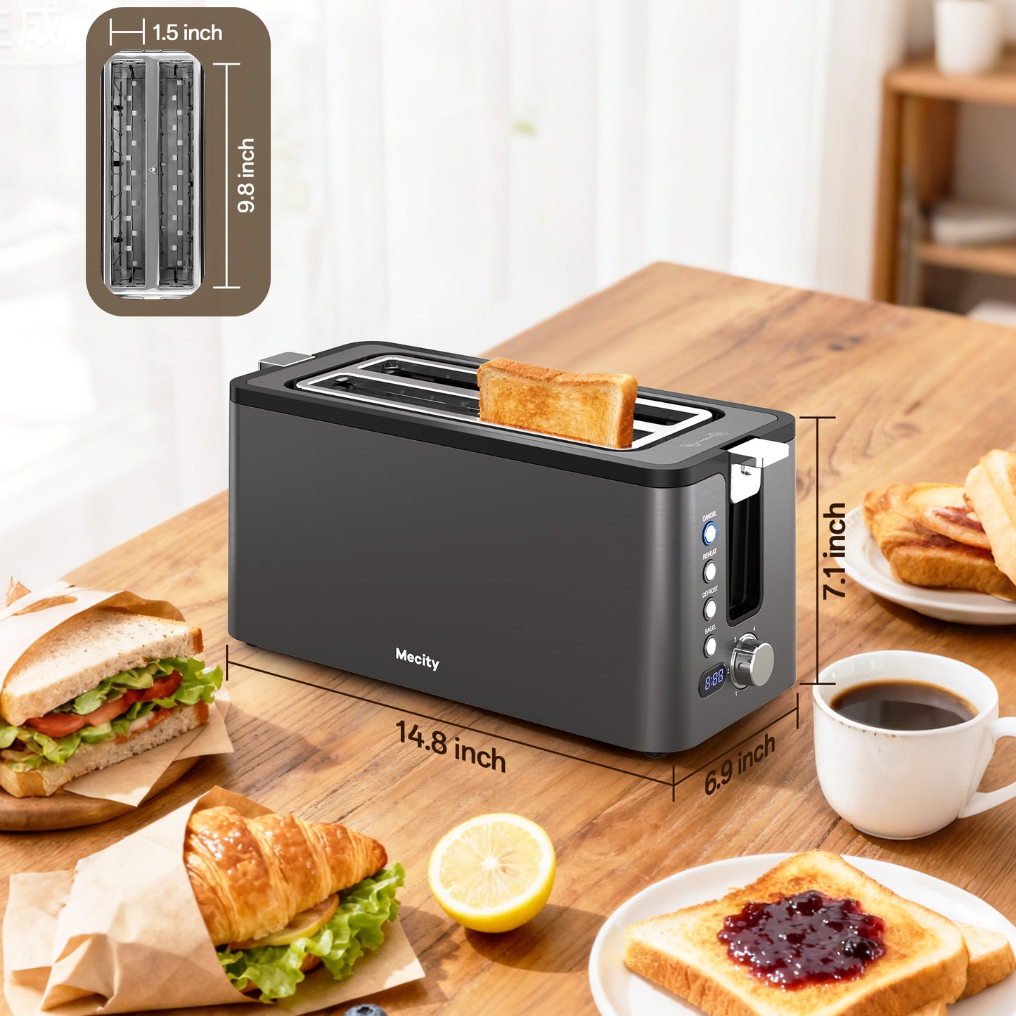 Mecity 4 Slice Long Slot Toaster with Countdown Timer, Bagel/Defrost/Reheat, Warming Rack, 6 Browning Levels, Metallic Grey