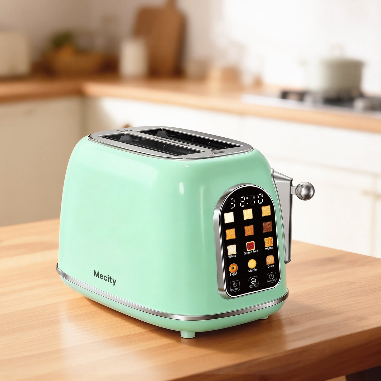 Mecity Smart Touch Screen Toaster 2 Slice, Retro Wide Slot Stainless Steel Toaster with 6 Browning Levels, Reheat & Defrost, for Bagel, Toast, Bread, Removable Crumb Tray, Green