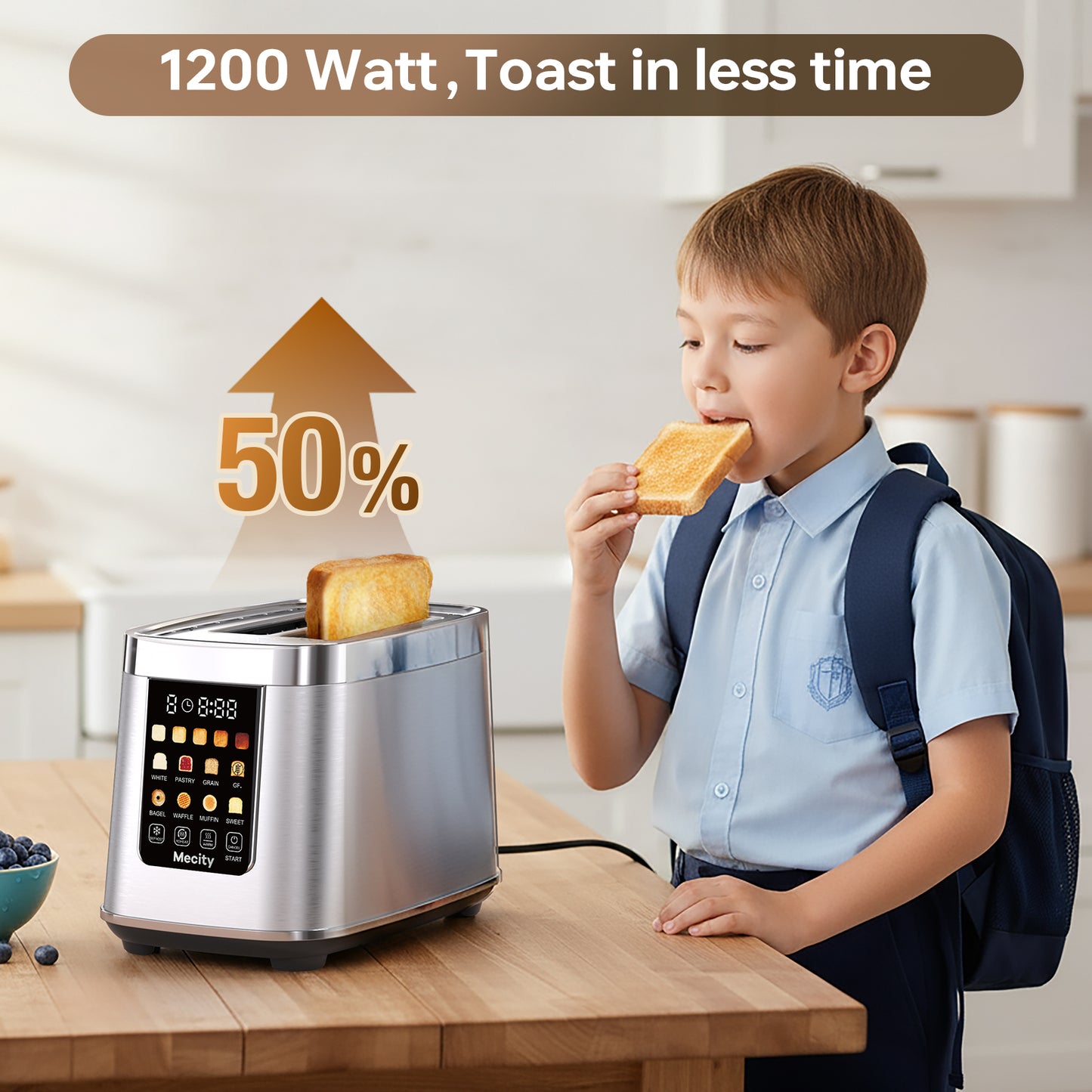 Mecity Touch Screen Toaster with Automatic Lift & Keep Warm – 2 Slice Smart Toaster, 5 Browning Levels, 8 Bread Programs, Luxury Stainless Steel Design, 1200W, Silver