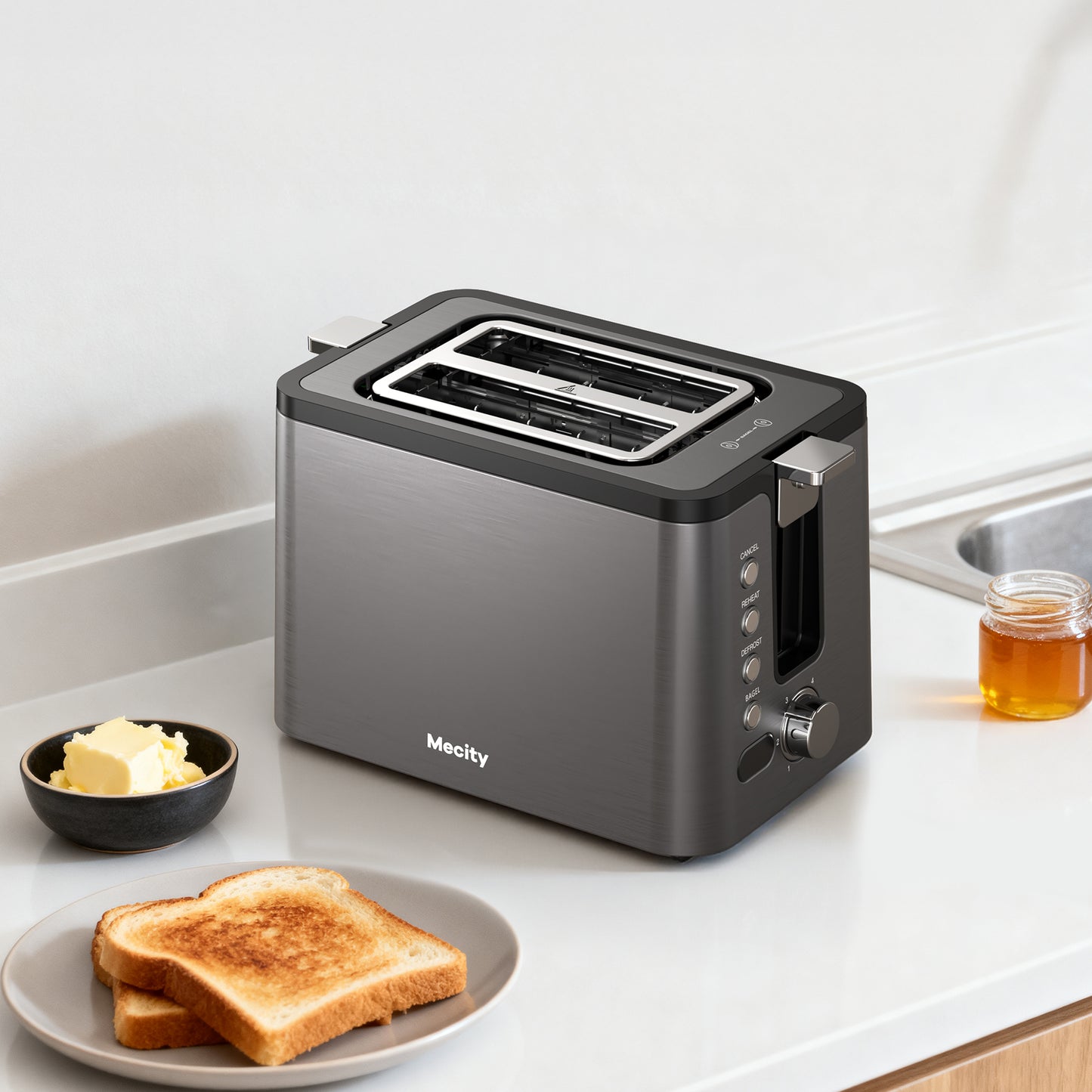 Mecity 2 Slice Stainless Steel Toaster with Countdown Timer, Bagel/Defrost/Reheat/Cancel, Warming Rack, Extra Wide Slots, 6 Browning Settings, Metallic Grey
