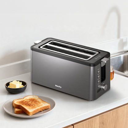 Mecity 4 Slice Long Slot Toaster with Countdown Timer, Bagel/Defrost/Reheat, Warming Rack, 6 Browning Levels, Metallic Grey