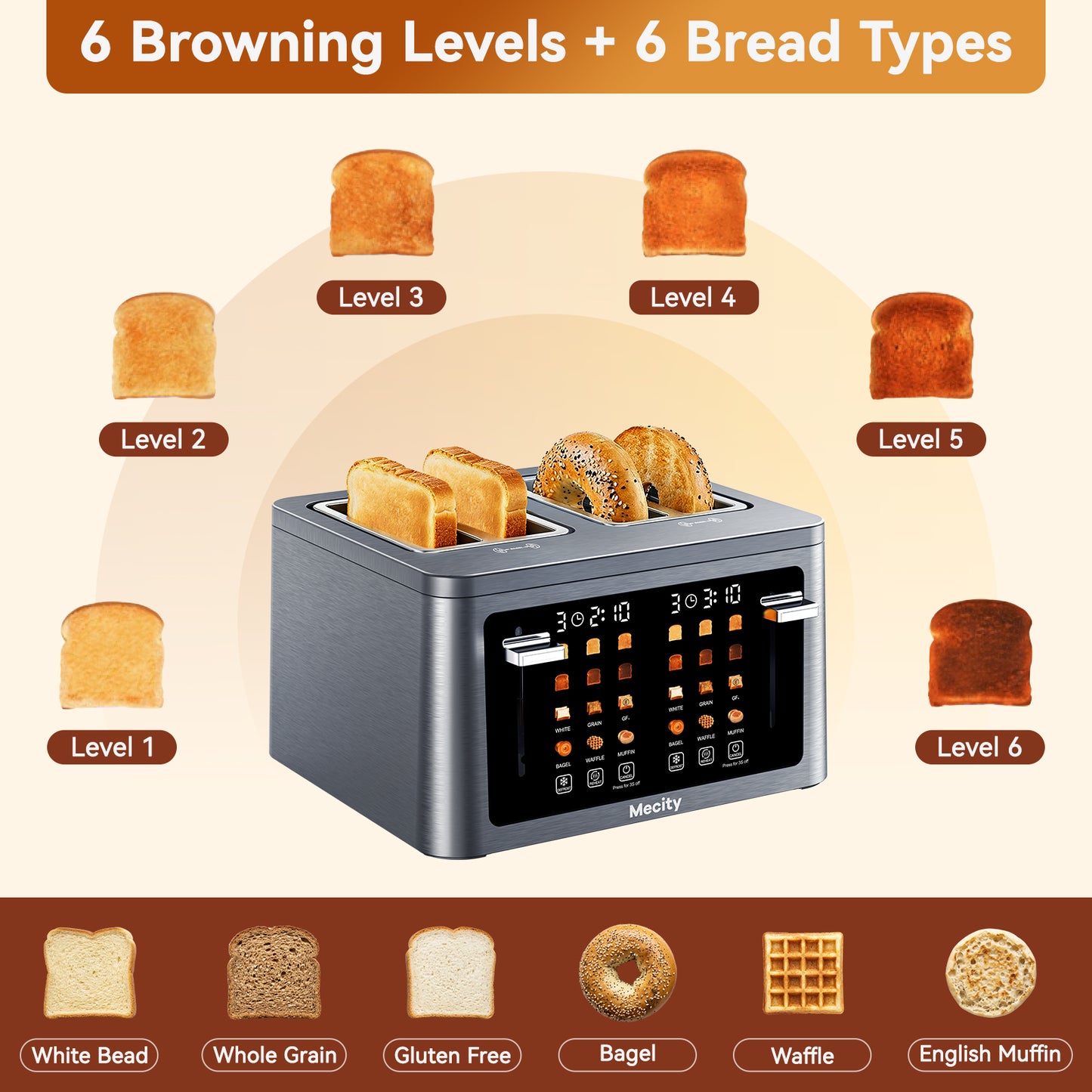 Mecity 4 Slice Touchscreen Toaster, Stainless Steel Wide Slot Toaster with Dual Independent Controls, 6 Bread Presets & 6 Sh