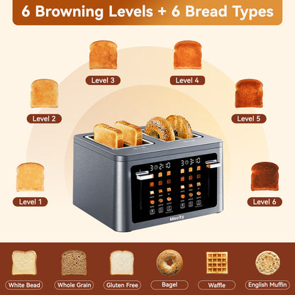 Mecity 4 Slice Touchscreen Toaster, Stainless Steel Wide Slot Toaster with Dual Independent Controls, 6 Bread Presets & 6 Sh