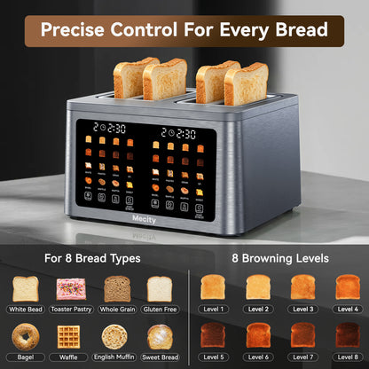 Mecity 4 Slice Smart Touchscreen Toaster with Auto Lift, Stainless Steel Wide Slot Bagel Toaster, 8 Bread Presets & 8 Shade Settings, 30-Minute Keep Warm Function, Memory Function