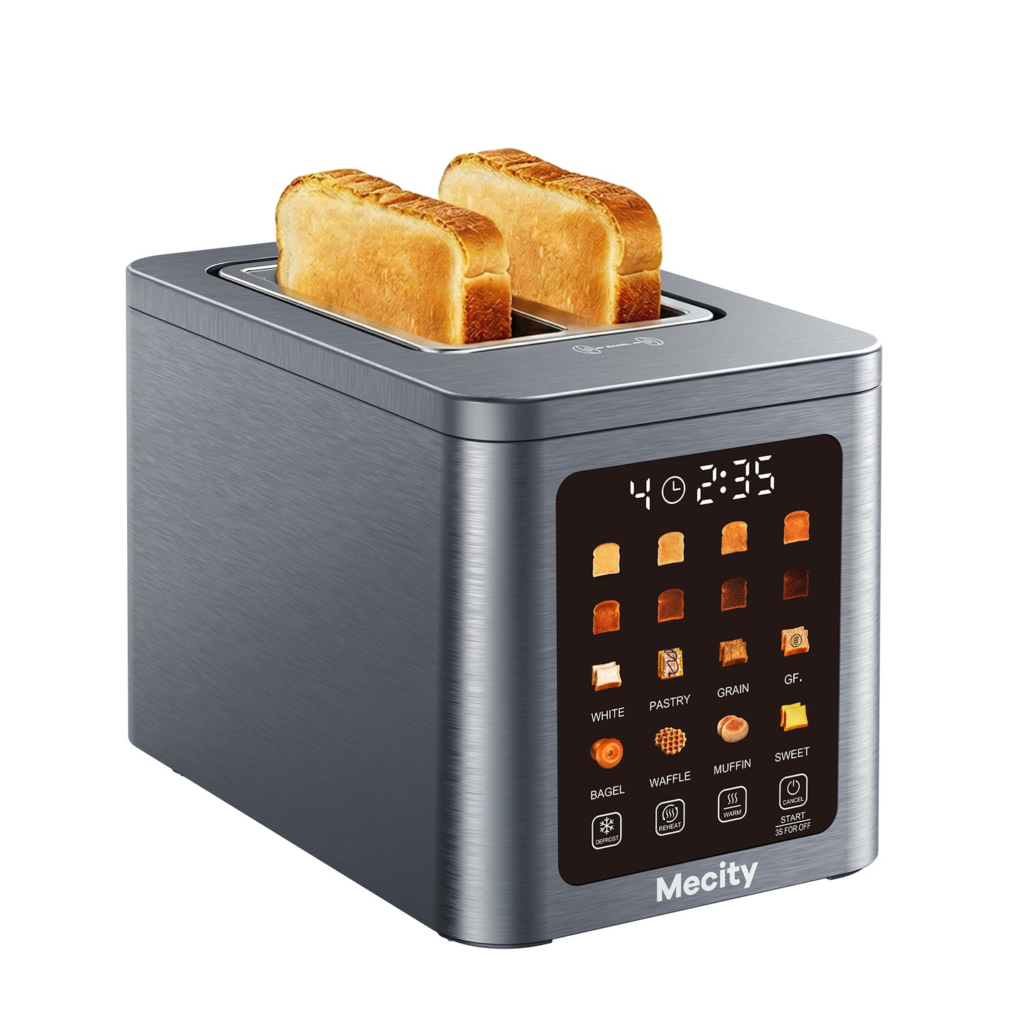 Mecity 2 Slice Smart Touchscreen Toaster, Stainless Steel Wide Slot Toaster with Auto Lift&30-Minute Warm, Memory Function, Digital Bread Toaster for Bagels, 850W