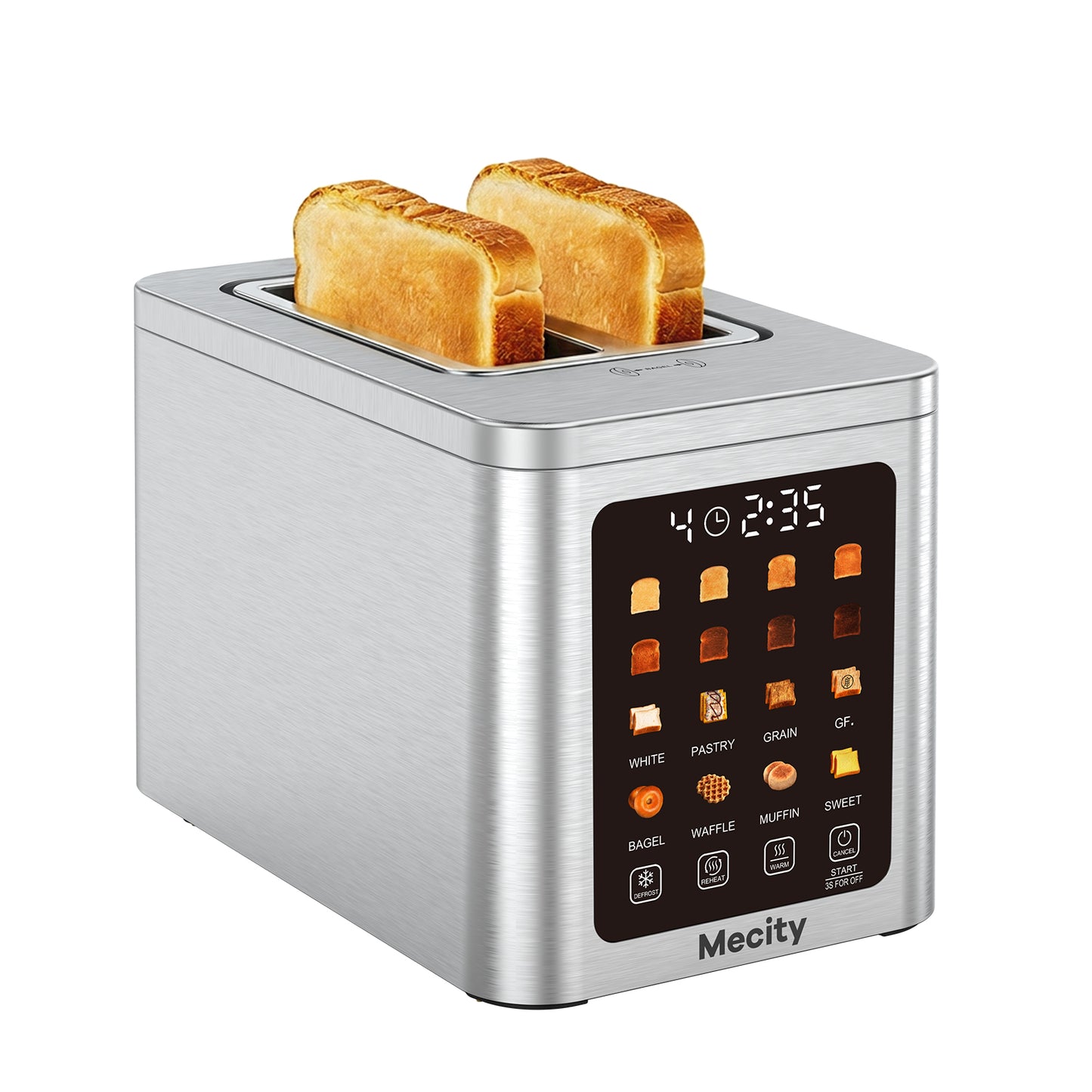 Mecity 2 Slice Smart Touchscreen Toaster, Stainless Steel Wide Slot Toaster with Auto Lift&30-Minute Warm, Memory Function, Digital Bread Toaster for Bagels, 850W