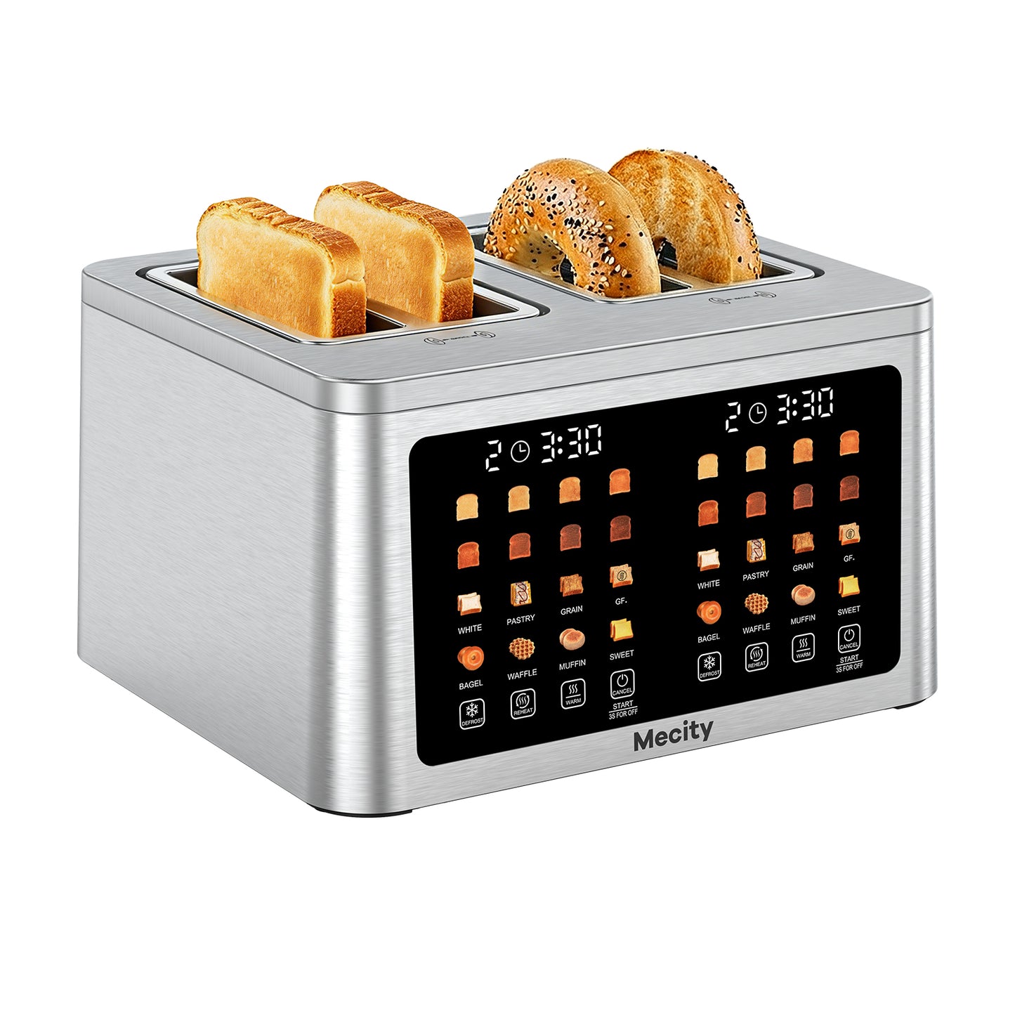 Mecity 4 Slice Smart Touchscreen Toaster with Auto Lift, Stainless Steel Wide Slot Bagel Toaster, 8 Bread Presets & 8 Shade Settings, 30-Minute Keep Warm Function, Memory Function