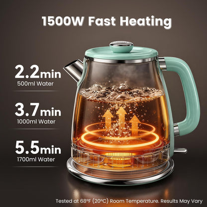 Mecity Retro Electric Kettle, 1.7L Hot Water Boiler with Thermometer, Stainless Steel Interior, 1500W Fast Boil Tea Kettle, Double Wall Cool Touch, Wide Mouth, Green