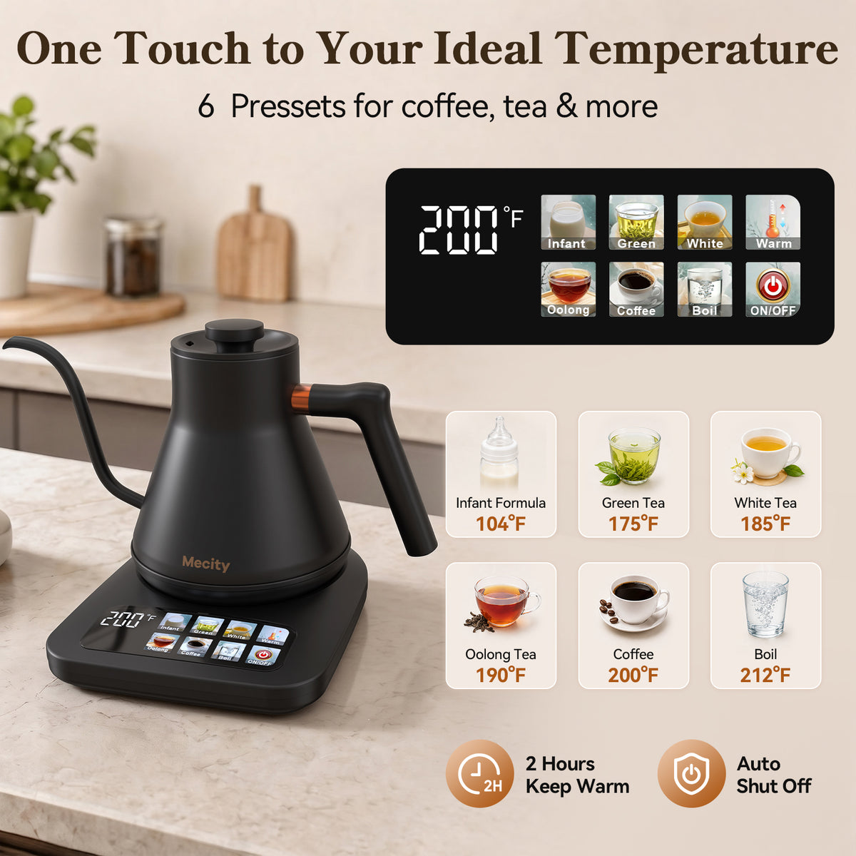 Mecity Gooseneck Electric Kettle, 0.8L Pour Over Coffee Kettle with Temperature Control, 6 Presets, 1500W Fast Boil, 2-Hour Keep Warm, Stainless Steel Interior, Tea Kettle Electric, Black