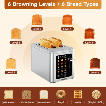 Mecity 2 Slice Smart Touchscreen Toaster, Stainless Steel Wide Slot Toaster with Auto Lift& Shut Off, Memory Function, Digital Bread Toaster for Bagels, 850W