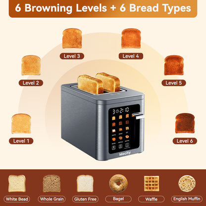 Mecity 2 Slice Smart Touchscreen Toaster, Stainless Steel Wide Slot Toaster with Auto Lift& Shut Off, Memory Function, Digital Bread Toaster for Bagels, 850W