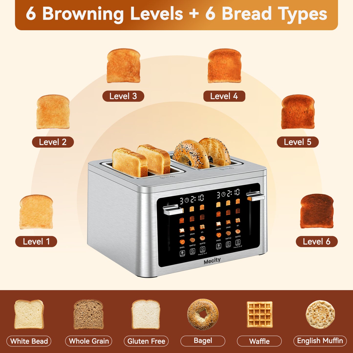Mecity 4 Slice Touchscreen Toaster, Stainless Steel Wide Slot Toaster with Dual Independent Controls, 6 Bread Presets & 6 Shade Settings, Countdown Timer, Memory Function, Defrost, 1700W