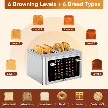 Mecity 4 Slice Touchscreen Toaster, Stainless Steel Wide Slot Toaster with Dual Independent Controls, 6 Bread Presets & 6 Shade Settings, Countdown Timer, Memory Function, Defrost, 1700W