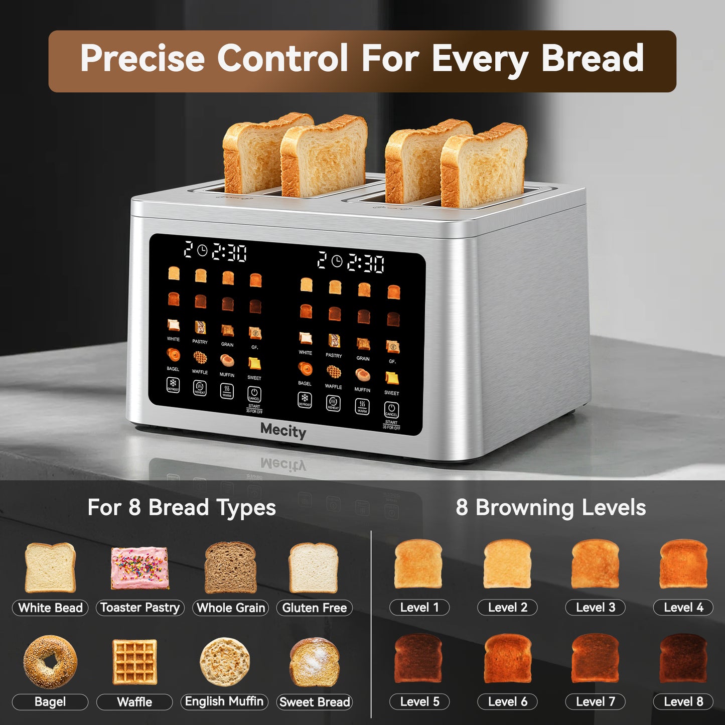 Mecity 4 Slice Smart Touchscreen Toaster with Auto Lift, Stainless Steel Wide Slot Bagel Toaster, 8 Bread Presets & 8 Shade Settings, 30-Minute Keep Warm Function, Memory Function