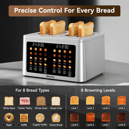 Mecity 4 Slice Smart Touchscreen Toaster with Auto Lift, Stainless Steel Wide Slot Bagel Toaster, 8 Bread Presets & 8 Shade Settings, 30-Minute Keep Warm Function, Memory Function