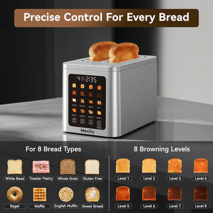 Mecity 2 Slice Smart Touchscreen Toaster, Stainless Steel Wide Slot Toaster with Auto Lift&30-Minute Warm, Memory Function, Digital Bread Toaster for Bagels, 850W