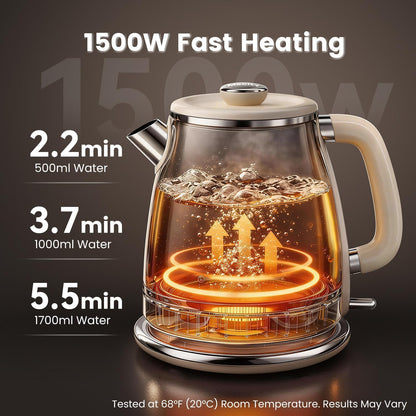 Mecity Retro Electric Kettle, 1.7L Hot Water Boiler with Thermometer, Stainless Steel Interior, 1500W Fast Boil Tea Kettle, Double Wall Cool Touch, Wide Mouth, Cream