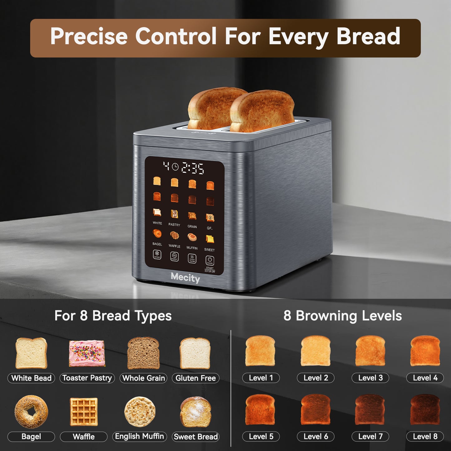 Mecity 2 Slice Smart Touchscreen Toaster, Stainless Steel Wide Slot Toaster with Auto Lift&30-Minute Warm, Memory Function, Digital Bread Toaster for Bagels, 850W