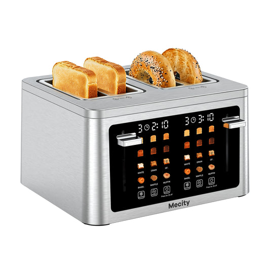 Mecity 4 Slice Touchscreen Toaster, Stainless Steel Wide Slot Toaster with Dual Independent Controls, 6 Bread Presets & 6 Shade Settings, Countdown Timer, Memory Function, Defrost, 1700W