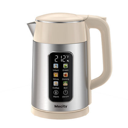 Mecity Electric Kettle 1.7L Touch Screen Temperature Control Water Boiler, No Plastic Contact with Water. 6 Presets For Tea and Coffee, 2 Hours Keep Warm, Auto Shut Off, Cream & Stainless Steel Color