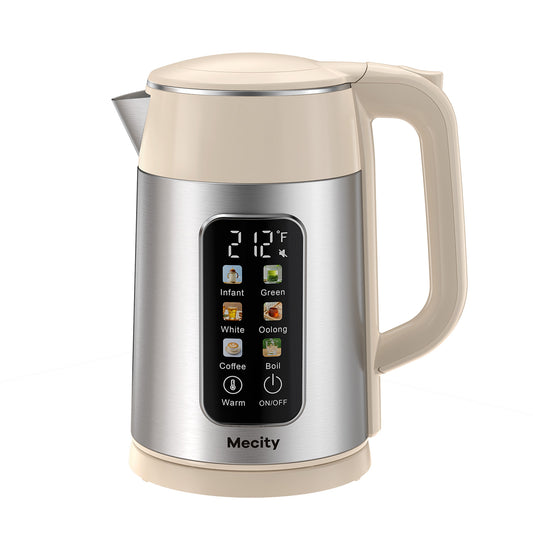 Mecity Electric Kettle 1.7L Touch Screen Temperature Control Water Boiler, No Plastic Contact with Water. 6 Presets For Tea and Coffee, 2 Hours Keep Warm, Auto Shut Off, Cream & Stainless Steel Color