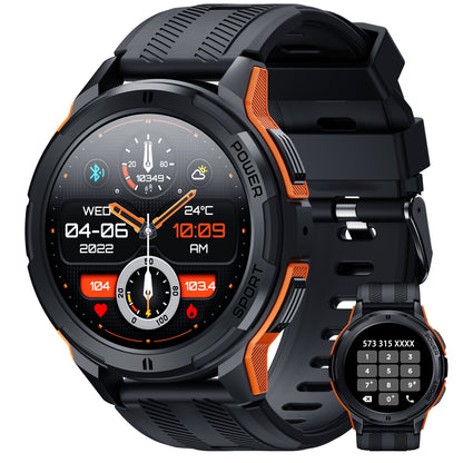 Vowtop Smart Watch for Men, 1.43" HD AMOLED, 10M Waterproof, Rugged Military (Answer/Calls/Dial) Fitness Tracker, Extra-Long Battery Life, AI Assistant, Round-Face, Black & Orange