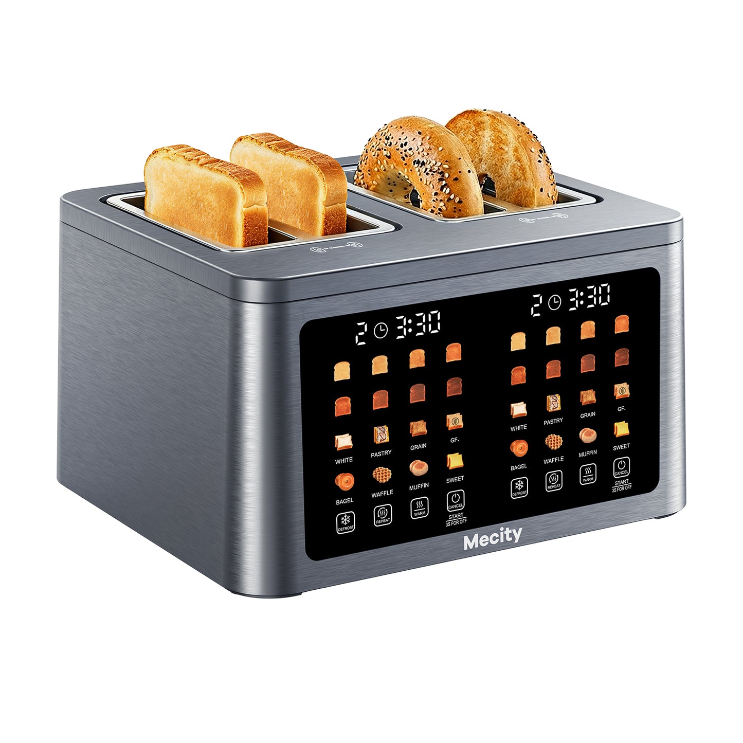 Mecity 4 Slice Smart Touchscreen Toaster with Auto Lift, Stainless Steel Wide Slot Bagel Toaster, 8 Bread Presets & 8 Shade Settings, 30-Minute Keep Warm Function, Memory Function