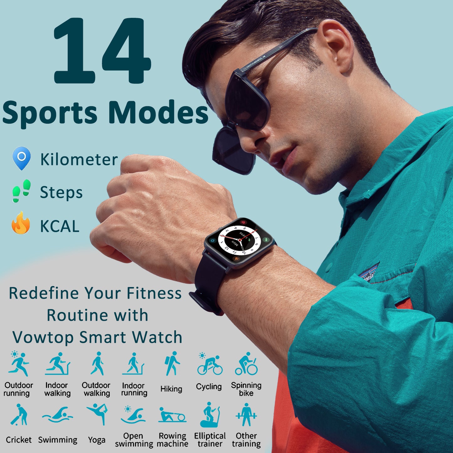 Vowtop Fitness Tracker for Men Women with Aluminum Alloy Frame, 1.69'' DIY Dial with 24/7 Monitor, 14 Sport Modes Smart Watch for Android iOS Phone-Black