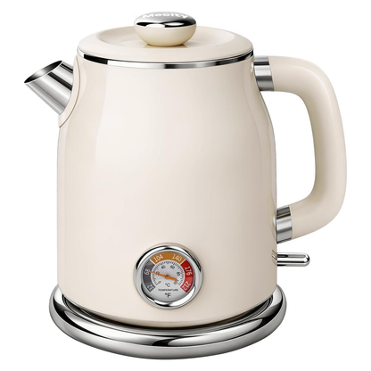 Mecity Retro Electric Kettle, 1.7L Hot Water Boiler with Thermometer, Stainless Steel Interior, 1500W Fast Boil Tea Kettle, Double Wall Cool Touch, Wide Mouth, Cream