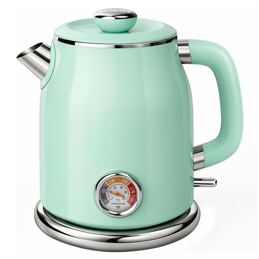 Mecity Retro Electric Kettle, 1.7L Hot Water Boiler with Thermometer, Stainless Steel Interior, 1500W Fast Boil Tea Kettle, Double Wall Cool Touch, Wide Mouth, Green