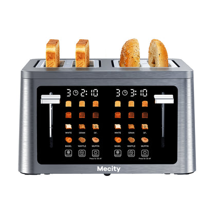 Mecity 4 Slice Touchscreen Toaster, Stainless Steel Wide Slot Toaster with Dual Independent Controls, 6 Bread Presets & 6 Sh