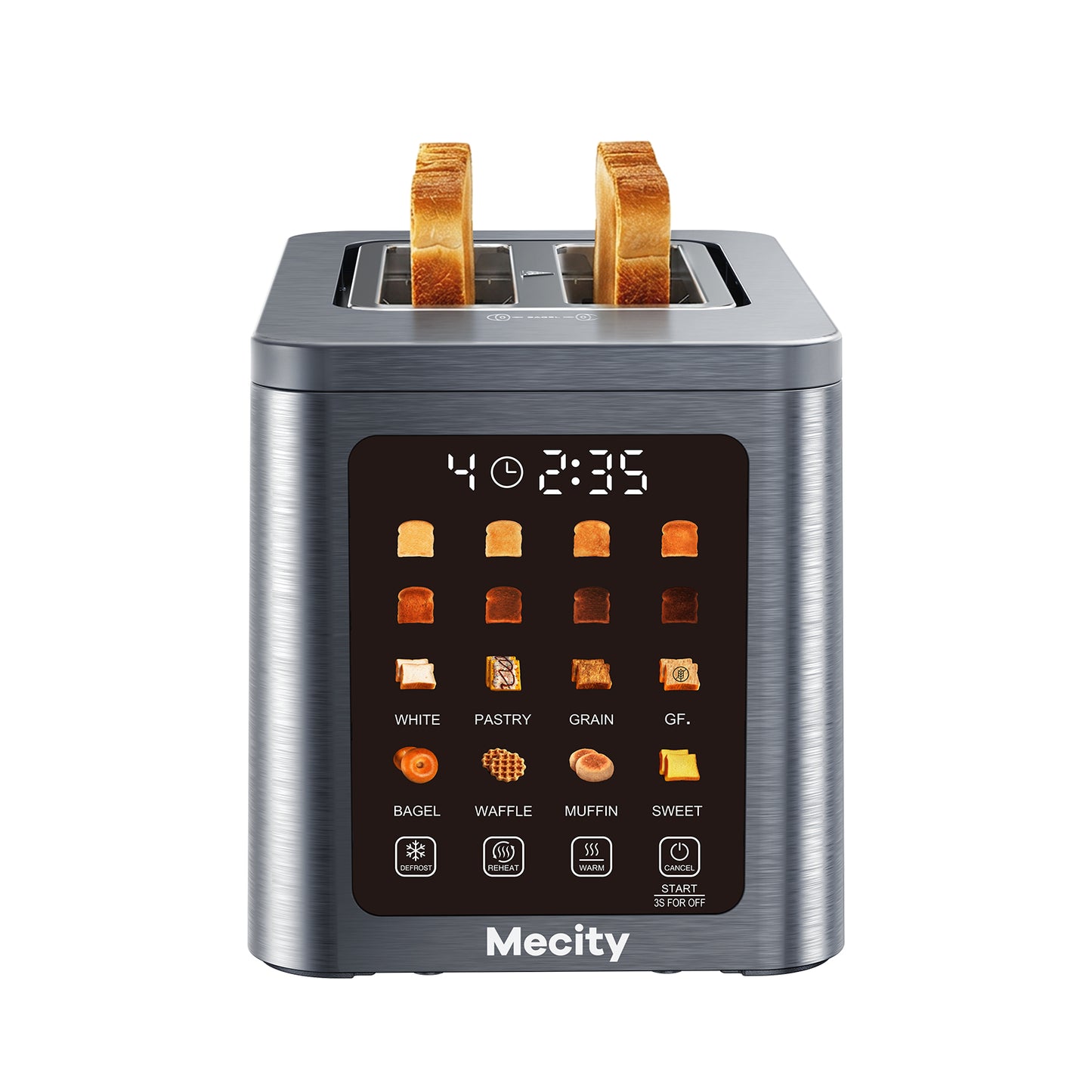 Mecity 2 Slice Smart Touchscreen Toaster, Stainless Steel Wide Slot Toaster with Auto Lift&30-Minute Warm, Memory Function, Digital Bread Toaster for Bagels, 850W