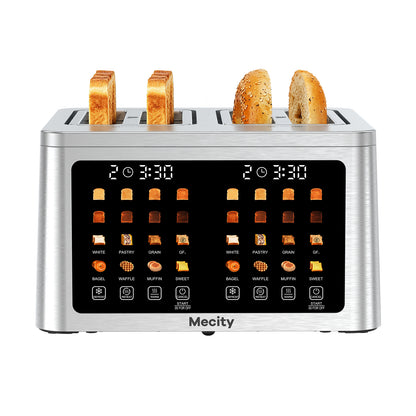 Mecity 4 Slice Smart Touchscreen Toaster with Auto Lift, Stainless Steel Wide Slot Bagel Toaster, 8 Bread Presets & 8 Shade Settings, 30-Minute Keep Warm Function, Memory Function