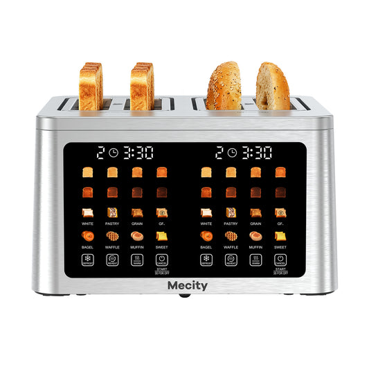 Mecity 4 Slice Smart Touchscreen Toaster with Auto Lift, Stainless Steel Wide Slot Bagel Toaster, 8 Bread Presets & 8 Shade Settings, 30-Minute Keep Warm Function, Memory Function