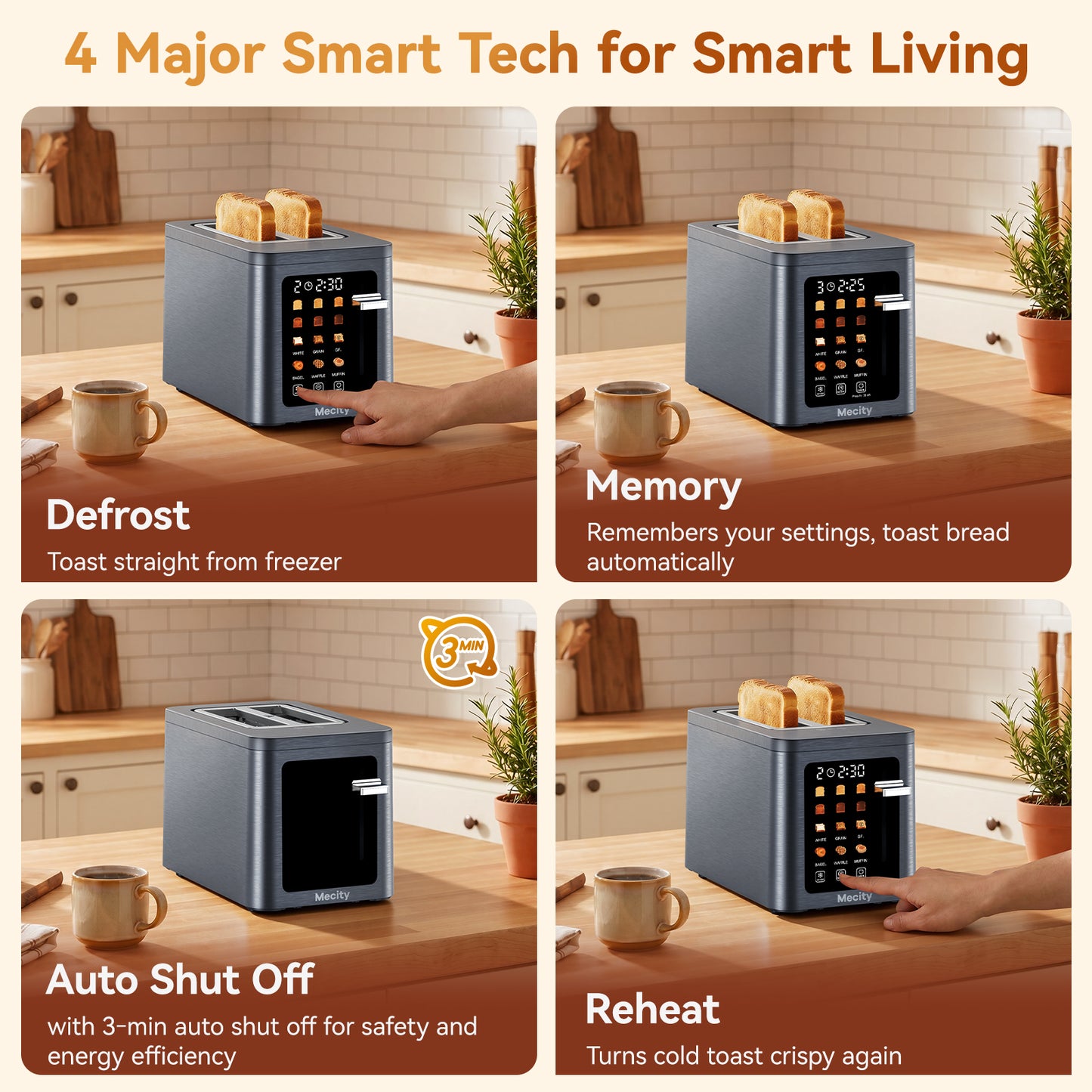 Mecity 2 Slice Smart Touchscreen Toaster, Stainless Steel Wide Slot Toaster with Auto Lift& Shut Off, Memory Function, Digital Bread Toaster for Bagels, 850W