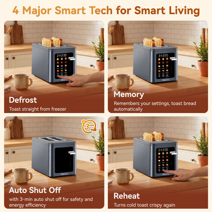 Mecity 2 Slice Smart Touchscreen Toaster, Stainless Steel Wide Slot Toaster with Auto Lift& Shut Off, Memory Function, Digital Bread Toaster for Bagels, 850W