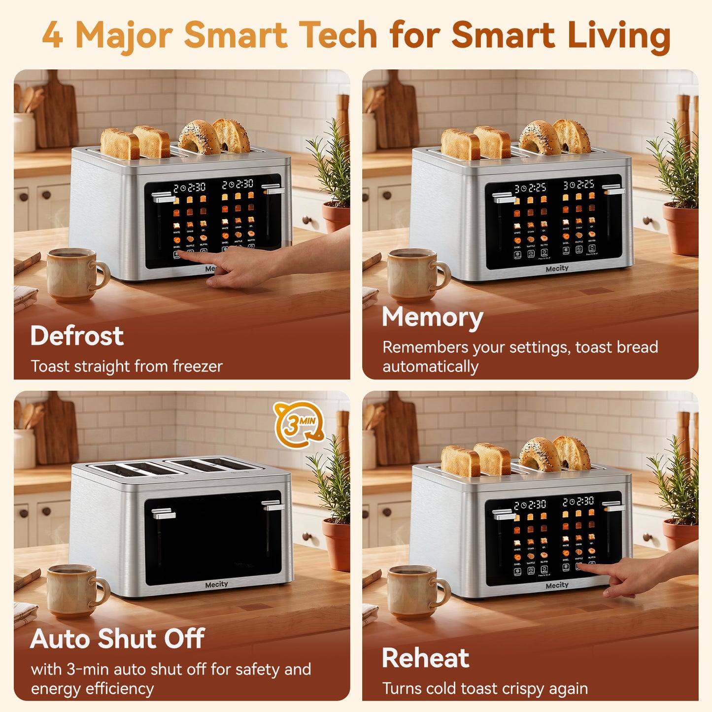 Mecity 4 Slice Touchscreen Toaster, Stainless Steel Wide Slot Toaster with Dual Independent Controls, 6 Bread Presets & 6 Shade Settings, Countdown Timer, Memory Function, Defrost, 1700W