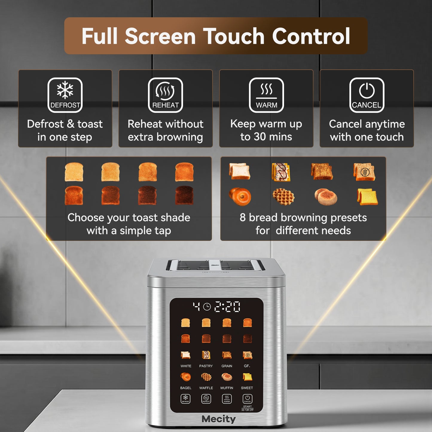 Mecity 2 Slice Smart Touchscreen Toaster, Stainless Steel Wide Slot Toaster with Auto Lift&30-Minute Warm, Memory Function, Digital Bread Toaster for Bagels, 850W