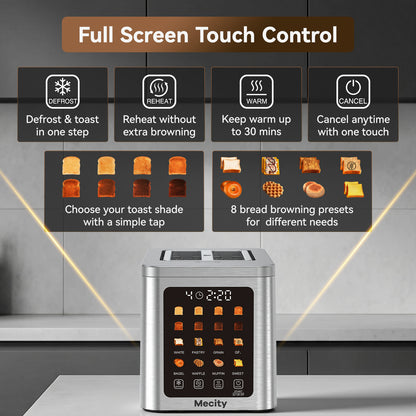 Mecity 2 Slice Smart Touchscreen Toaster, Stainless Steel Wide Slot Toaster with Auto Lift&30-Minute Warm, Memory Function, Digital Bread Toaster for Bagels, 850W