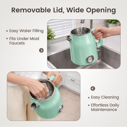 Mecity Retro Electric Kettle, 1.7L Hot Water Boiler with Thermometer, Stainless Steel Interior, 1500W Fast Boil Tea Kettle, Double Wall Cool Touch, Wide Mouth, Green